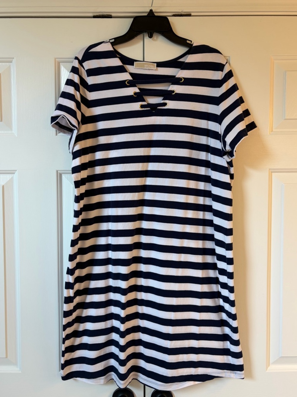 Striped Navy and White Lace-Up Short Sleeve Dress